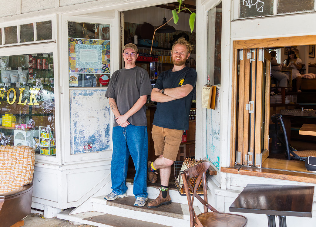Owners of the Goodfold Cafe standing in the cafe doorway